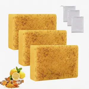 3 pcs Lemon Turmeric Kojic Acid Soap - Gentle Dark Spot Remover for Face Acne Cleanser Cream Cleansi,Lemon Turmeric Glowing Skin Care Soap, Deep Clean, with Soap Saver Bags cleansing body Moisturizing Hydrate